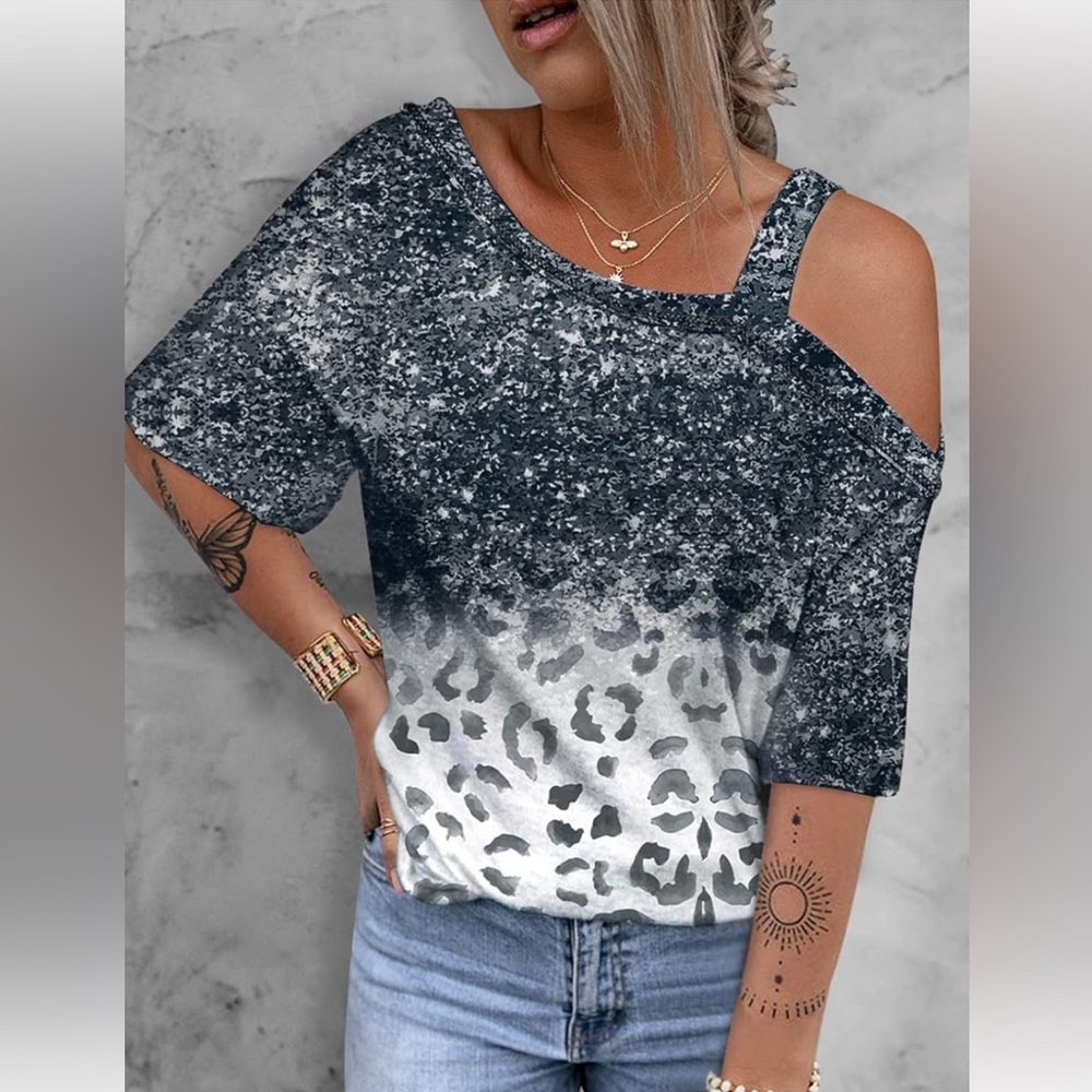 NWT Shewin Black Animal Leopard Print Cold Shoulder Short Sleeve Top Shirt